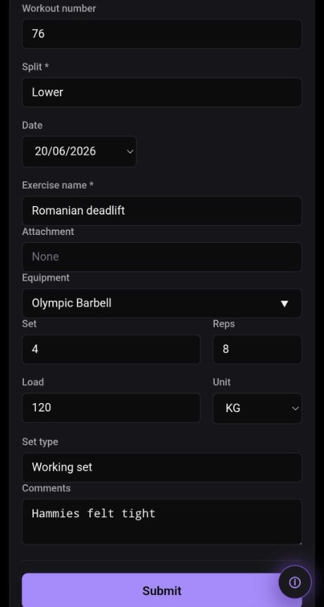 Logging a Romanian deadlift session on mobile